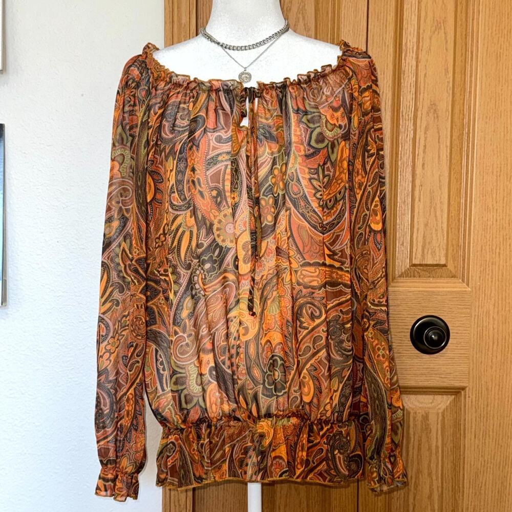 Y2K Sushi Flower Blouse Top Women's XL Orange Paisley Print Boho Sheer Festival